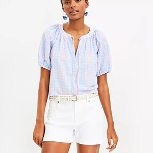LOFT Light Blue Purple Pastel Gingham Women's V Neck Tie Top